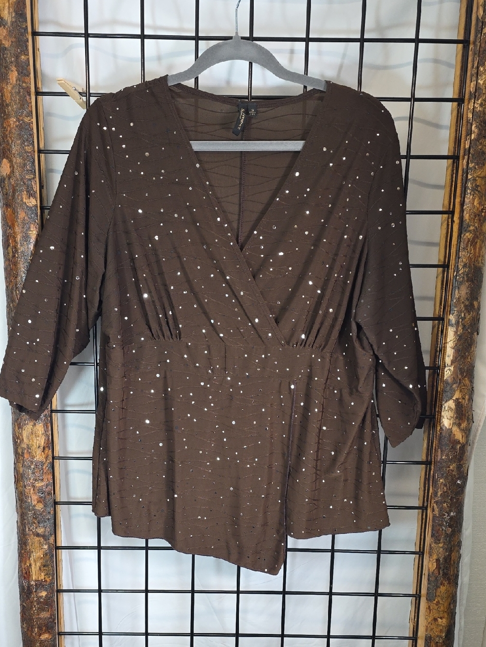 Susan Lawrence Brown V-Neck Wrap Blouse with Sparkle